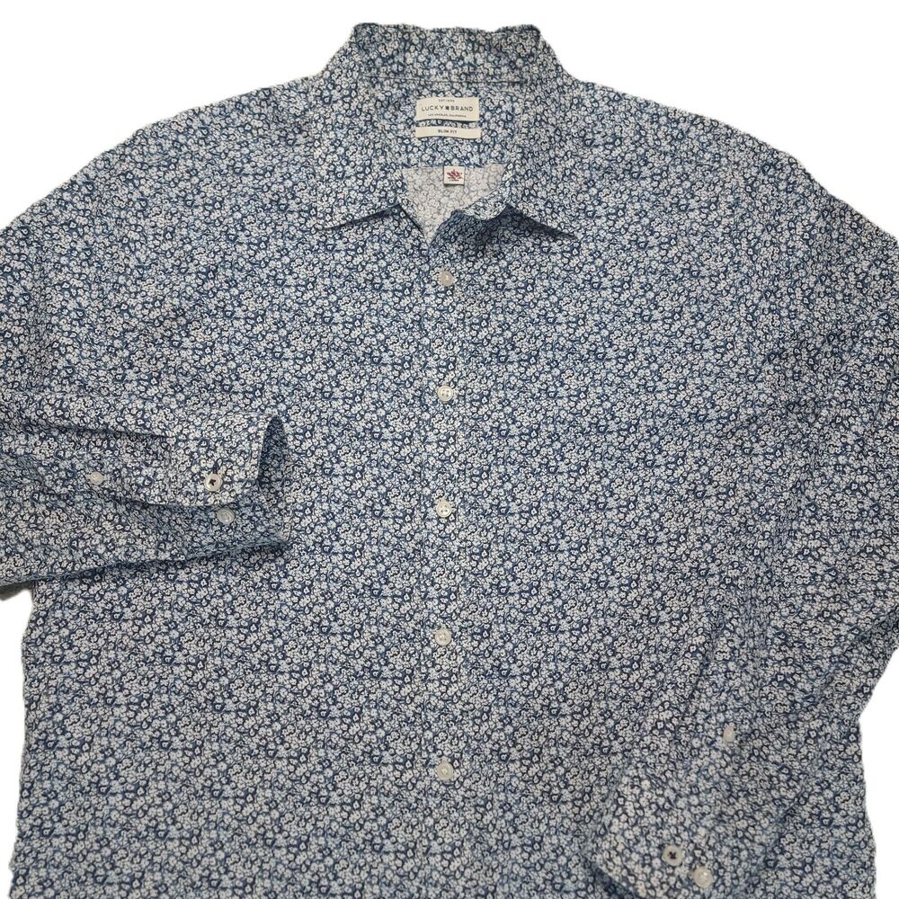 Lucky Brand Slim Fit Long Sleeve Button Up Shirt Mens L Blue Floral